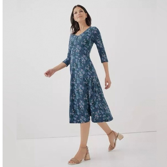 Pact Dresses & Skirts - Pact Organic Cotton Blue Floral V-Neck Midi A-Line Dress with Pockets Womens M
